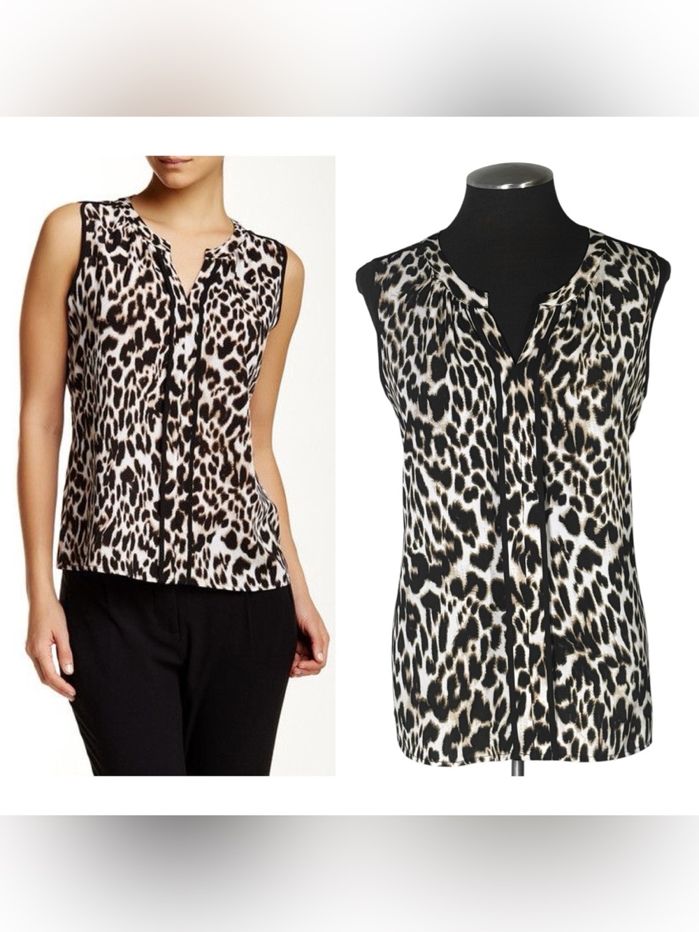 🆕 Calvin Klein – Leopard Animal Print Sleeveless Split Neck Shell Top – Large
